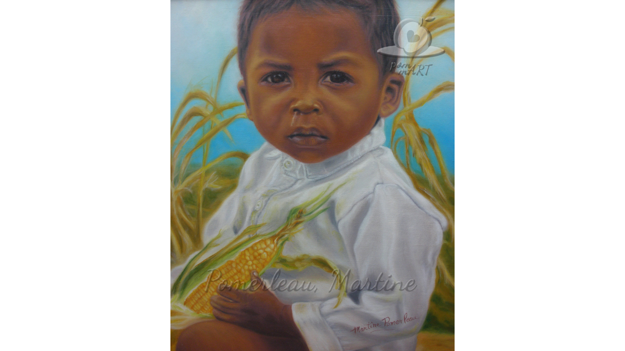 oeuvre peinture d'un jeune africain tenant son blé d'Inde Sécheresse égale famine par PommArt