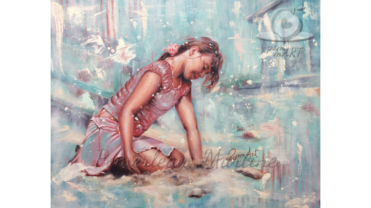 oeuvre peinture à l'huile enfant qui joue dans le sable Quiétude aux îles par PommArt
