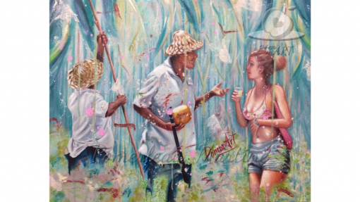 Oeuvre peinture à l'huile d'un cueilleur de coco par PommArt