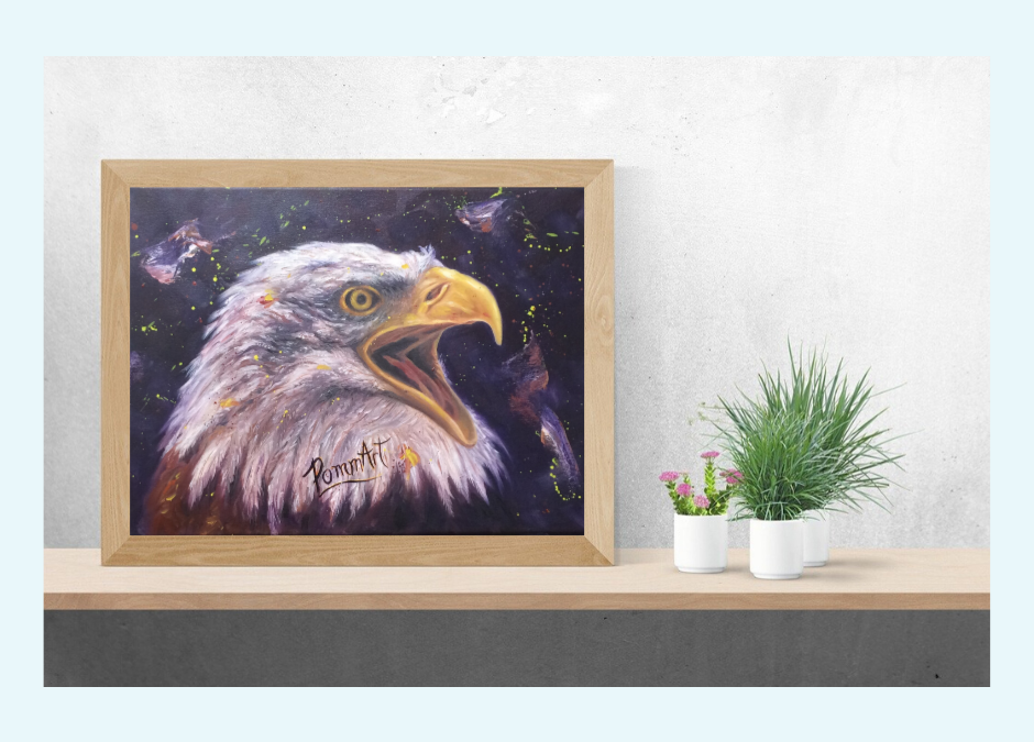 Oeuvre peinture à l'huile d'un aigle sur une tablette dans votre décor