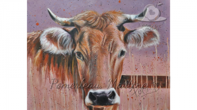 Oeuvre peinture à l'huile vache intitulée Vachement tendre par PommArt