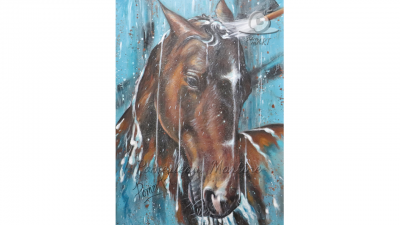 Oeuvre peinture d'un cheval prenant une douche par PommArt