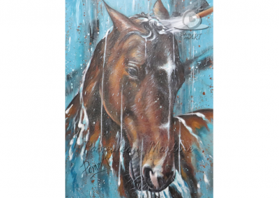Oeuvre peinture d'un cheval prenant une douche par PommArt