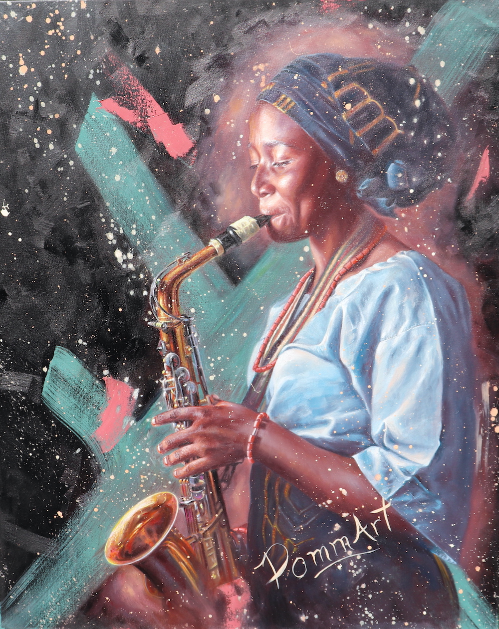 Peinture à l'huile d'une saxophoniste par PommArt