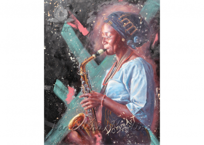 Oeuvre peinture à l'huile. Portrait d'une trompettiste.