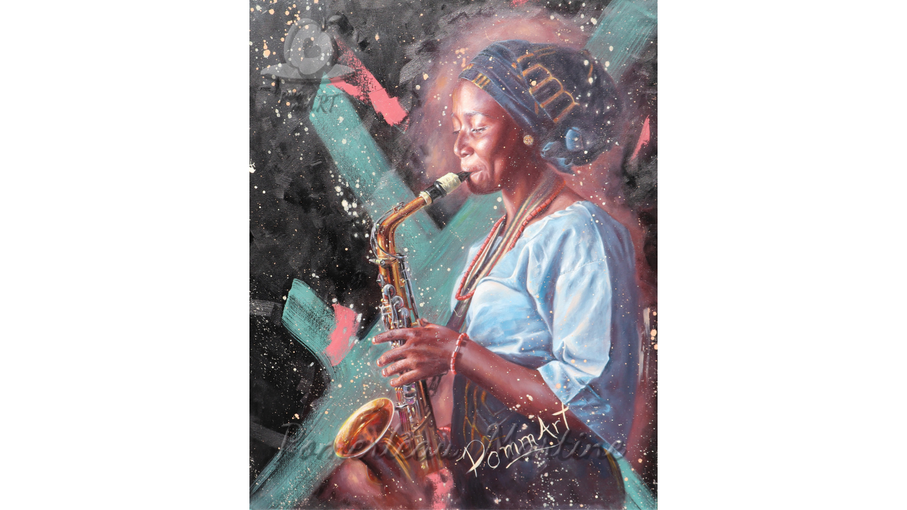 Peinture à l'huile d'une saxophoniste par PommArt