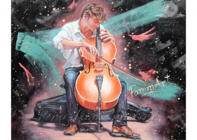 Oeuvre peinture à l'huile d'un violoncelliste