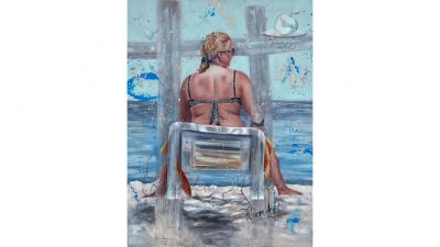Oeuvre peinture à l'huile d'une dame sur une chaise à la plage